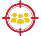 A red target icon featuring a yellow clients illustration at its center