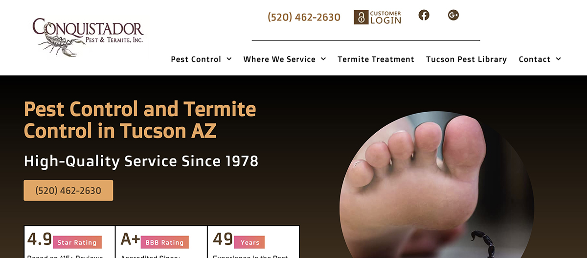 Web Design Portfolio. Conquistador Pest & Termite website by Affinity for Design